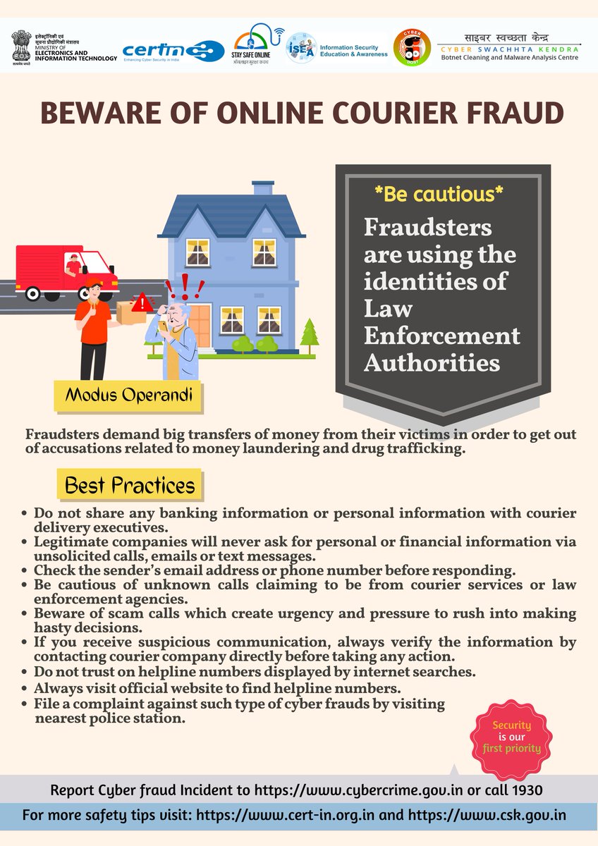 Safety tip of the day: Beware of online courier fraud. #indiancert #cyberswachhtakendra #staysafeonline #cybersecurity #besafe #staysafe #mygov #Meity #onlinefraud #cybercrime #scam #cyberalert #CSK #cybersecurityawareness