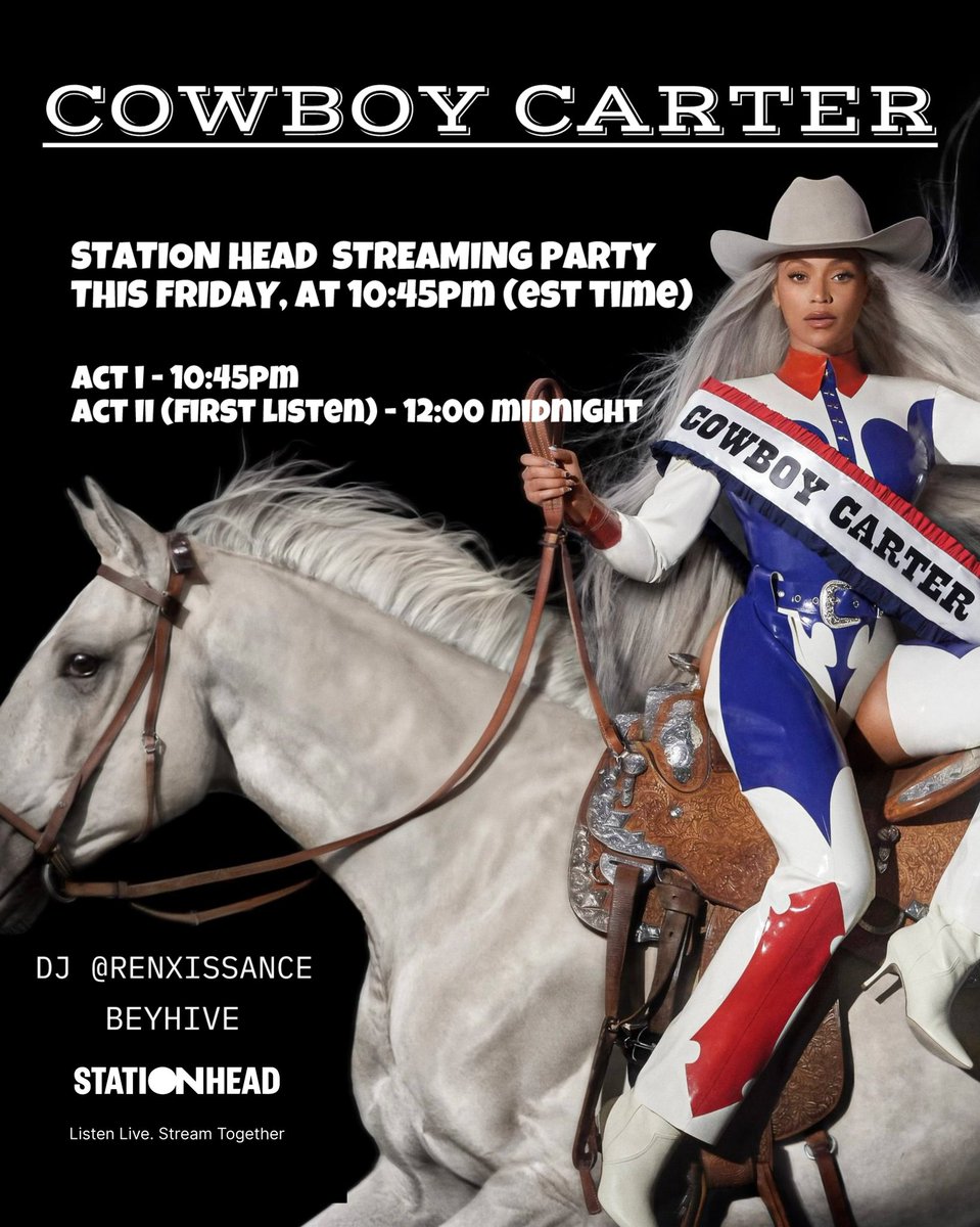 🚨🚨WE ARE LIVE!! JOIN US FOR COWBOY CARTER NIGHT. 🚨🚨 #Beyonce  Our host is @RENXISSANCE Featuring. @MileyUpdates stationhead.com/c/beyhive share.stationhead.com/hbDqyibqtwj