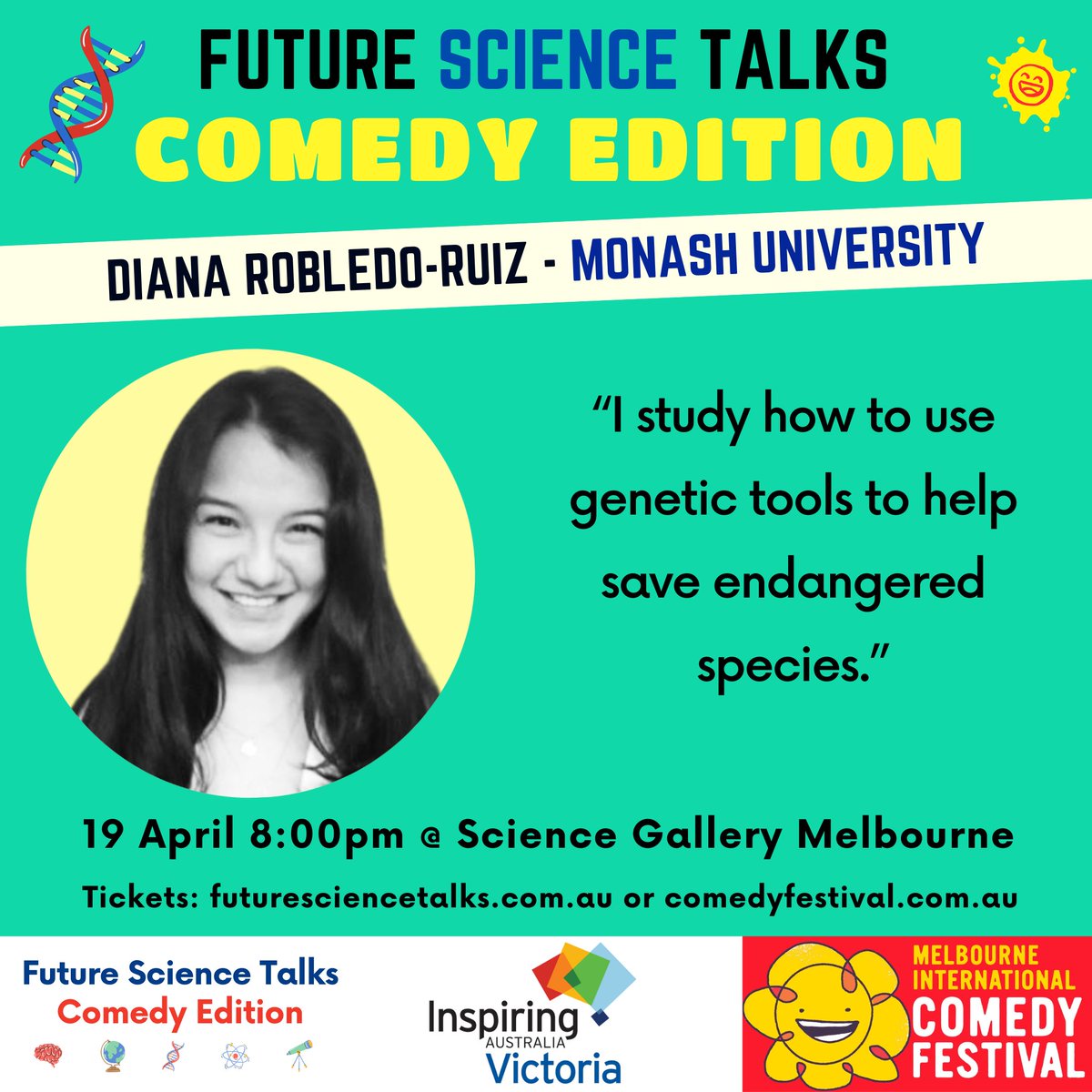Dr Diana Robledo-Ruiz (@drobledoruiz) on Twitter photo Thrilled to announce that I am giving a SciComedy talk at the #MelbourneInternationalComedyFestival!!! 😱
Training in the <a href="/ScienceTalksAU/">Future Science Talks</a> SciComedy program to make my science funny and engaging 🔥
Join me: eventbrite.com.au/e/future-scien…
<a href="/micomfestival/">Melbourne International Comedy Festival</a> <a href="/MonashBiol/">School of Biological Sciences, Monash</a> <a href="/Monash_Science/">Monash Science</a> Thrilled to announce that I am giving a SciComedy talk at the #MelbourneInternationalComedyFestival!!! 😱
Training in the <a href="/ScienceTalksAU/">Future Science Talks</a> SciComedy program to make my science funny and engaging 🔥
Join me: eventbrite.com.au/e/future-scien…
<a href="/micomfestival/">Melbourne International Comedy Festival</a> <a href="/MonashBiol/">School of Biological Sciences, Monash</a> <a href="/Monash_Science/">Monash Science</a>