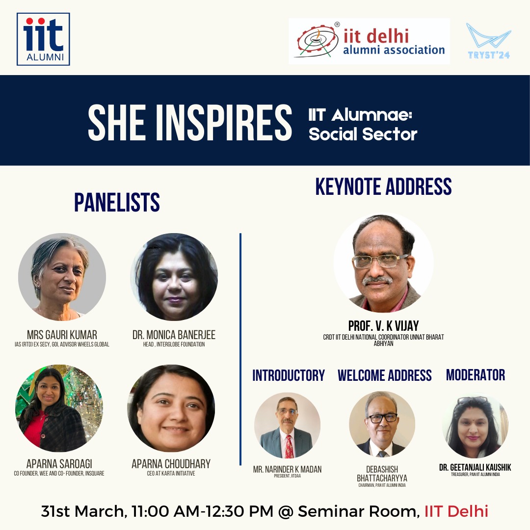 PanIIT Alumni India along with @iitdaa are proudly organizing a celebration for International Women's Day on 31st March 2024, on the theme 'She Inspires' during the @iitdelhi Technical Fest TRYST from 11:00 to 12:30 pm!