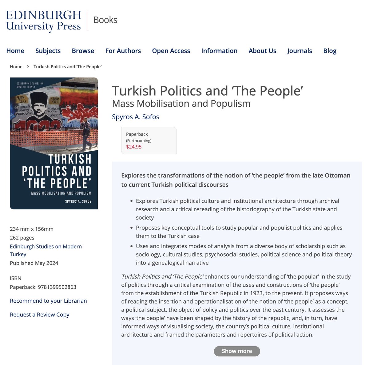 The paperback edition of my book 'Turkish Politics and 'The People': Mass Mobilisation and Populism' is set to hit the shelves soon. This book is a must-read for anyone interested in understanding the politics of Turkey edinburghuniversitypress.com/book-turkish-p…