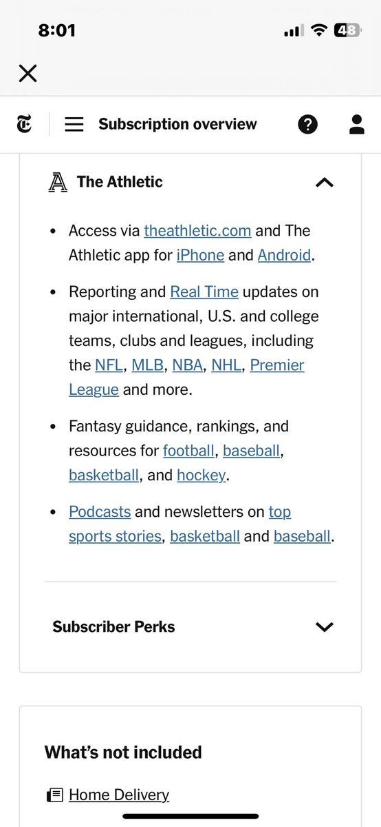 Hey @nytimes, I pay for @TheAthletic in my all access subscription, but I can’t seem to log in with my Athletic account on the @TheAthletic app that I just downloaded. App won’t let me get past this payment page and I clearly don’t want to pay when it’s included.