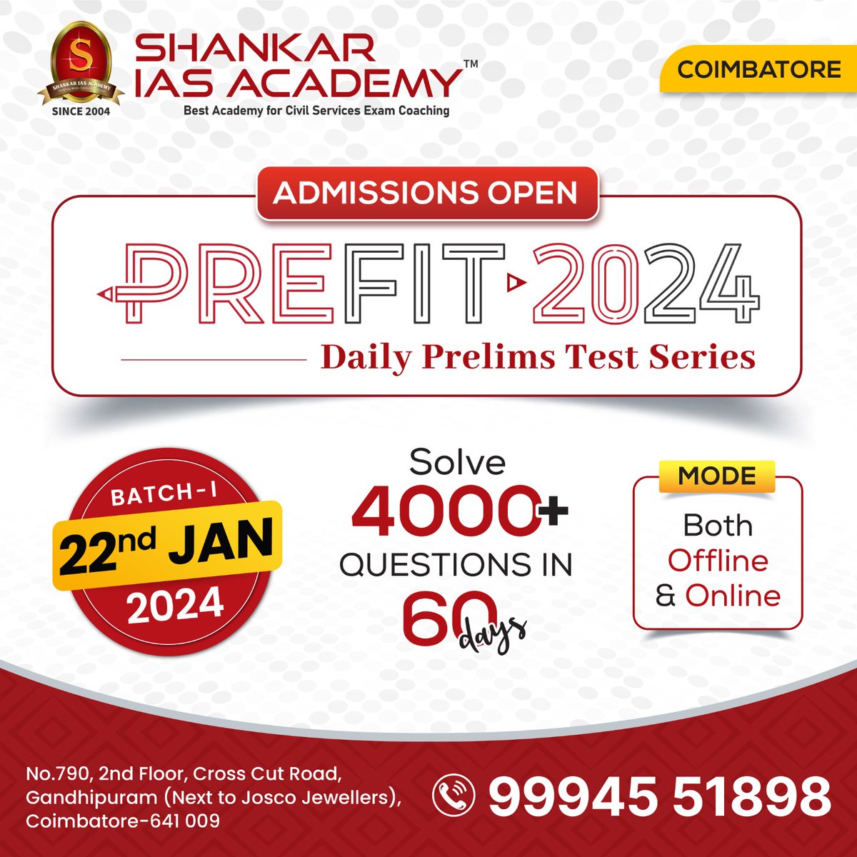 simplicitycbe's tweet image. Get fit for your UPSC 2024 preparation.

Admissions open for Prefit (Daily Prelims Test Series)

Test starts from Jan 22nd

For details - 9994551898

#upsc #PrelimsTestSeries #AdmissionsOpen #pr