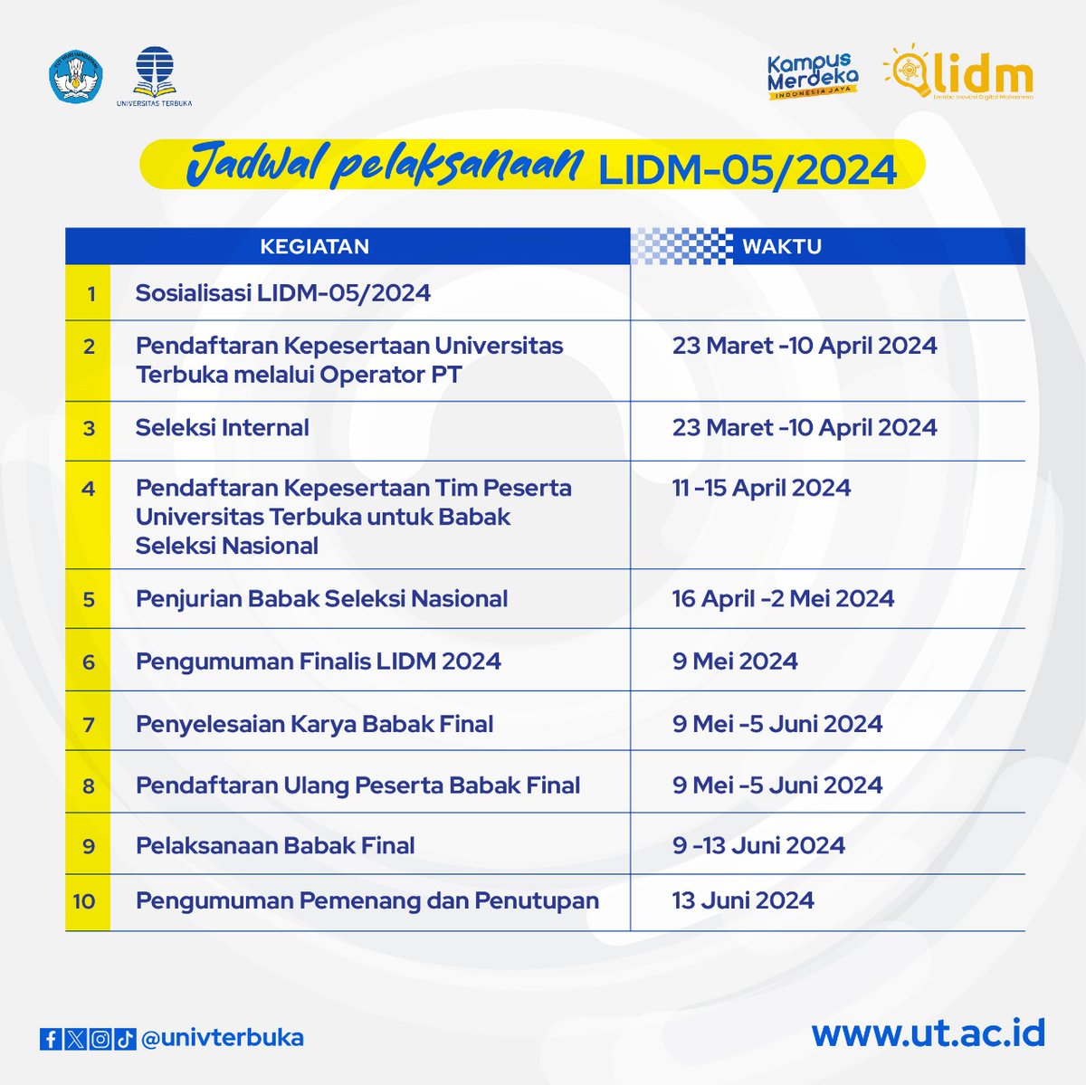 UnivTerbuka's tweet photo. Yuk ikuti Lomba Inovasi Digital Mahasiswa (LIDM) 2024. Geser slidenya utk cek persyaratan dan jadwal lomba.
Inffo lengkapnya di https://t.co/zwVlF8yKRr
Ayo gas ikut 🚀
---
“Semua Bisa” Kuliah Di Kampus Negeri 🎓😊
#UniversitasTerbuka #KuliahOnline #KualitasDunia #LIDM https://t.co/Bia75fKDMp