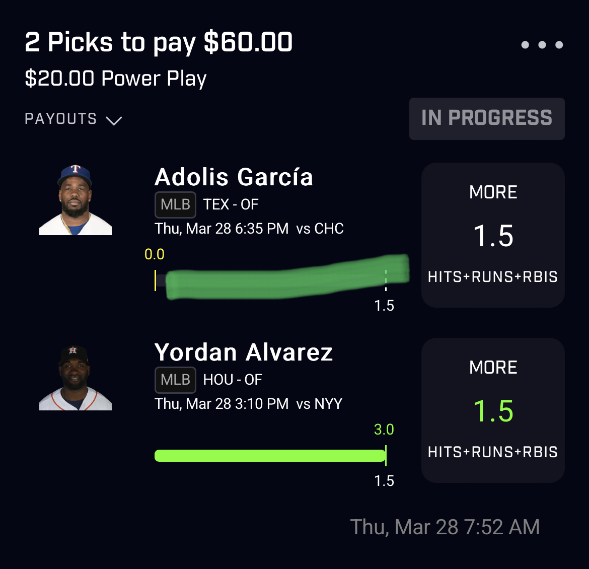 JediProps's tweet image. ⚾️3/28 - MLB Recap⚾️

🧹3-0 sweep🧹
✅Ladder Day 1✅
😎Rangers Win😎

How's that for an Opening Day?!

Adolis Garcia O 1.5 Hits+Runs+RBIs✅
Yordan Alvarez O 1.5 Hits+Runs+RBIs✅
Mike Trout O 7.0 Fantasy Points✅