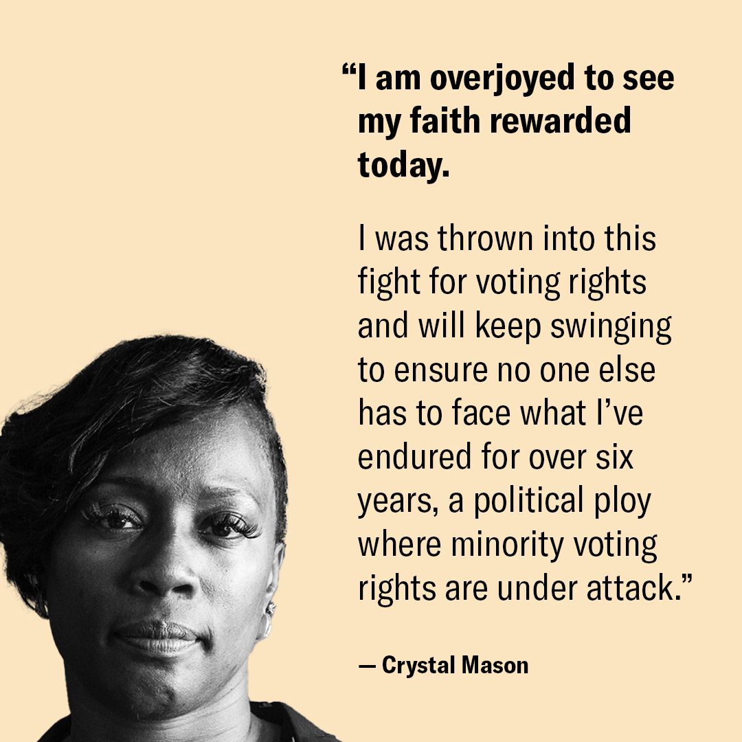 This is a major victory for voting rights! A Texas appeals court just reversed Crystal Mason’s conviction for submitting a provisional ballot that was never counted as a vote. In Ms. Mason’s own words: