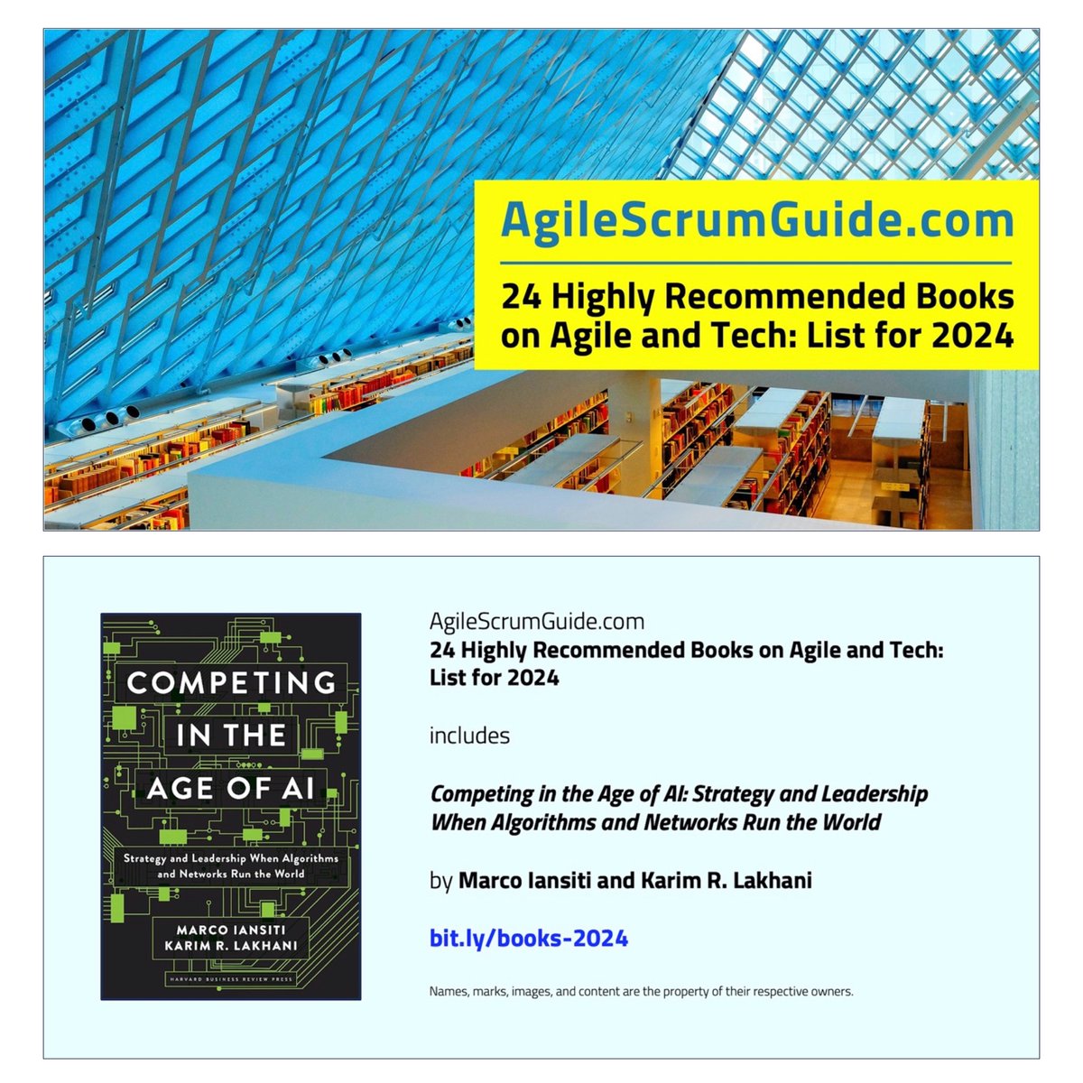 AgileScrumGuide's tweet photo. 24 Highly Recommended Books on Agile and Tech: List for 2024 includes “Competing in the Age of AI.” Details on that acclaimed book — and 23 additional titles — are here: https://t.co/y0RHEVJmWJ. #AI #ML #Agile #Tech #Books #AIBooks #AgileBooks #TechBooks #CompetingInTheAgeOfAI