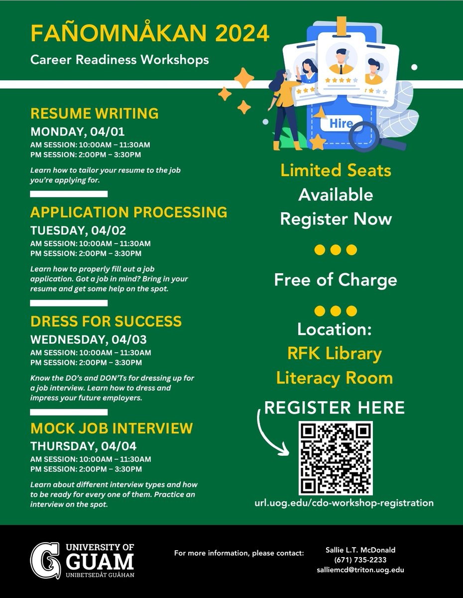 📢 Need help with your job search? 💼 Learn more about resume writing, filling out a job application, dressing for a job interview, and getting ready by participating in a mock job interview. Register today at url.uog.edu/cdo-workshop-r… 🔱