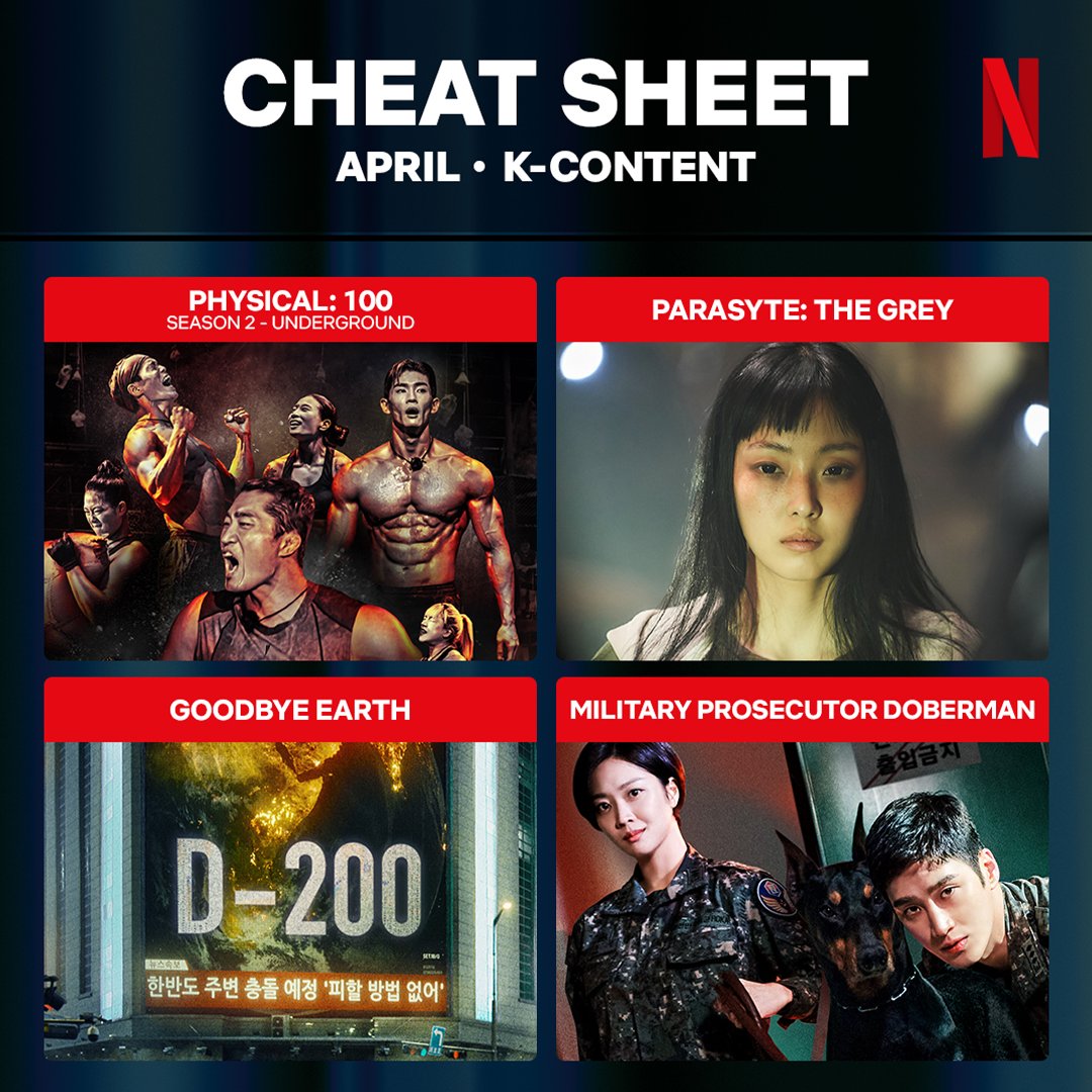 no April Fools here. these shows are really coming next month to Netflix.

🎬 #Physical100 #Physical100Season2
🎬 #Parasyte_TheGrey 
🎬 #GoodbyeEarth 
🎬 #MilitaryProsecutorDoberman

#Netflix