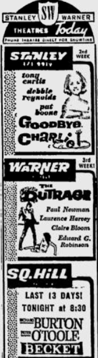 Joek72's tweet photo. Newspaper Movie Ads for Stanley and Warner Theaters from the Dec 1st 1964 Pittsburgh PG and The Dec 3rd 1964 Pittsburgh Press with Times for Goodbye Charlie. #GoodbyeCharlie #DebbieReynolds #Pittsburgh #FilmTwitter #TCMParty https://t.co/OWLDcF6UB6