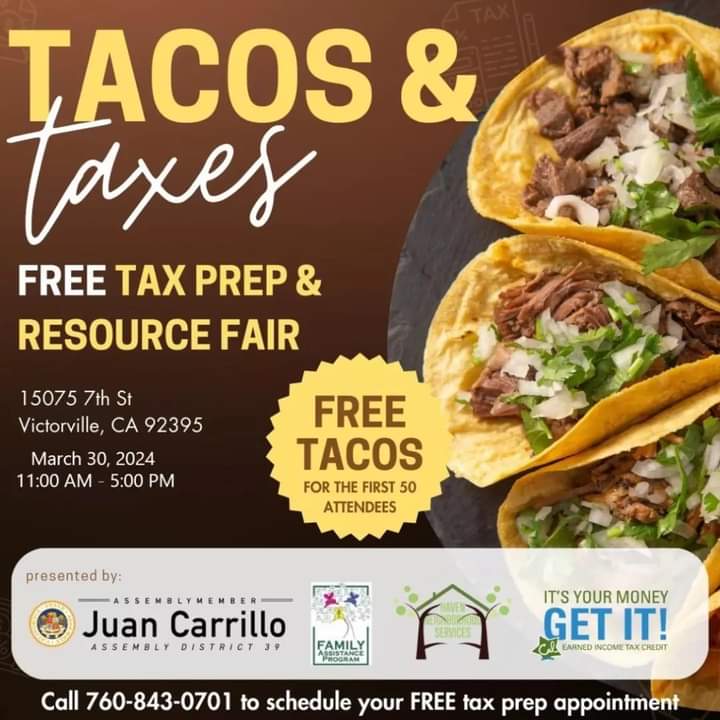 The Way Resource Center (@wayresourcectr) on Twitter photo 🌮Tacos & Taxes Saturday March 30th <a href="/11am/">11 am in morning</a> 🌮
FREE Tax prep and Resource Fair. Don't miss out!
@familyassistanceprograms
#thewayresourcecenter #inthehighdesert #highdesert #Victorville #applevalley #springvalleylake #adelanto #Hesperia #Oakhills #thewayresourcecenter 🌮Tacos & Taxes Saturday March 30th <a href="/11am/">11 am in morning</a> 🌮
FREE Tax prep and Resource Fair. Don't miss out!
@familyassistanceprograms
#thewayresourcecenter #inthehighdesert #highdesert #Victorville #applevalley #springvalleylake #adelanto #Hesperia #Oakhills #thewayresourcecenter