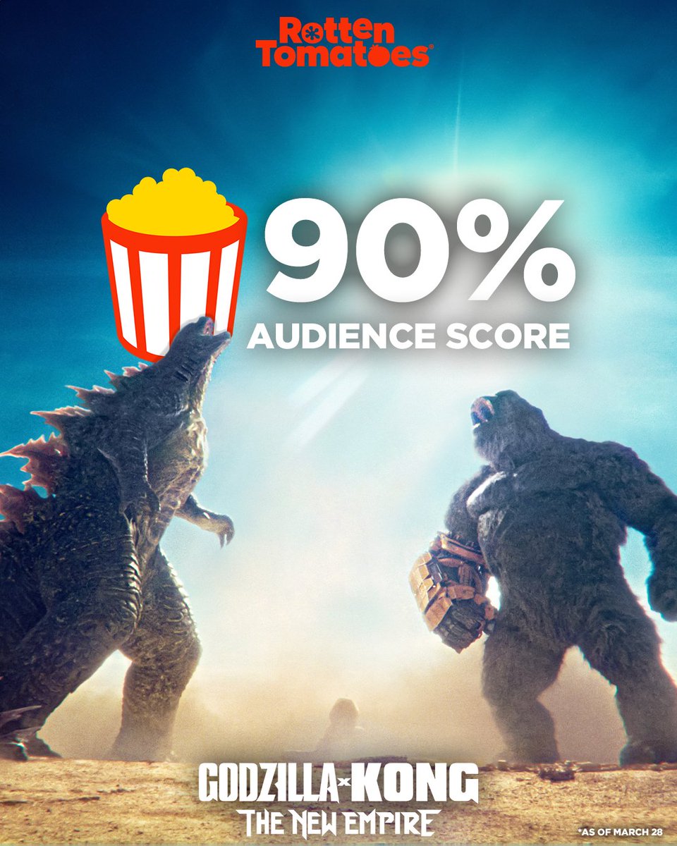 The fans have spoken. #GodzillaXKong scored a 90% audience score on @RottenTomatoes. Get tickets now: fandan.co/GodzillaXKong-…