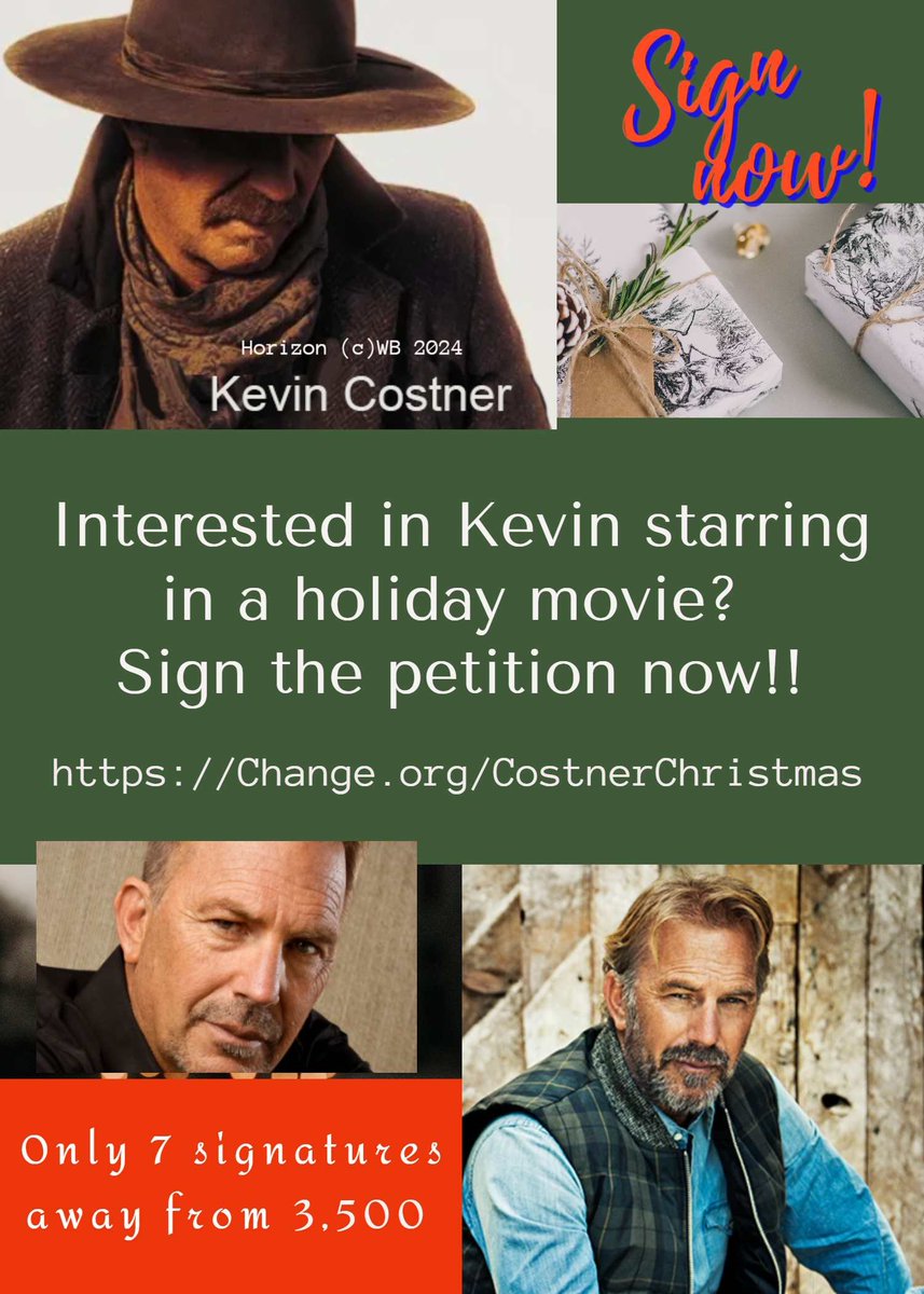 Do you envision Kevin Costner spreading holiday cheer on the big screen?  Share your excitement. Support for him. We are short 3,500 signatures by 7.
#kevincostner #kevincostneryellowstone #costnerfans #horizonamericansaga #SignPetition #people #celebritynews #celebritygossip