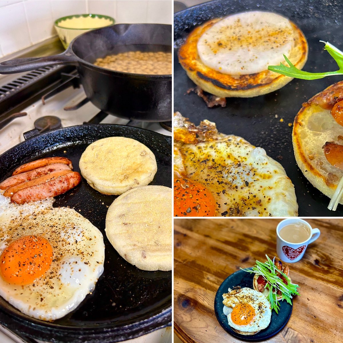 Lunch was an English muffin cooked in one cast iron, with a fried egg, sausage, and radish.

#lodgecombocookercover #lodgecombocooker #castiron #castironcooking #目玉焼き
