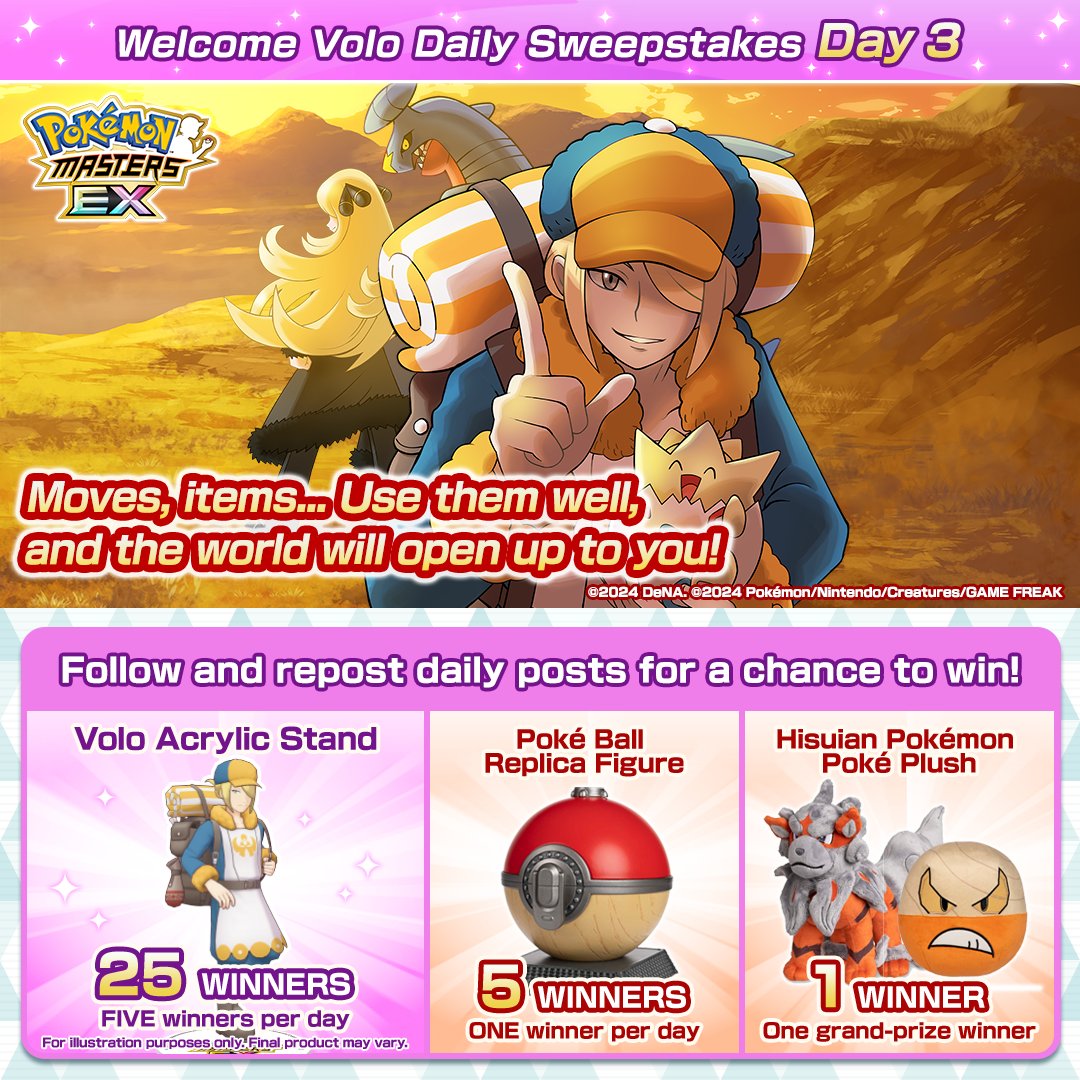 It’s day three of the Welcome Volo Daily Sweepstakes!

Think the Ginkgo Guild has a win for you tucked away in their wares today? 👀🎁

1. Follow <a href="/PokemonMasters/">Pokémon Masters EX</a>.
2. Repost this post.
3. Repost the announcement quoted below.

You have until March 31 at 7:59 p.m. PDT to enter! ⏰