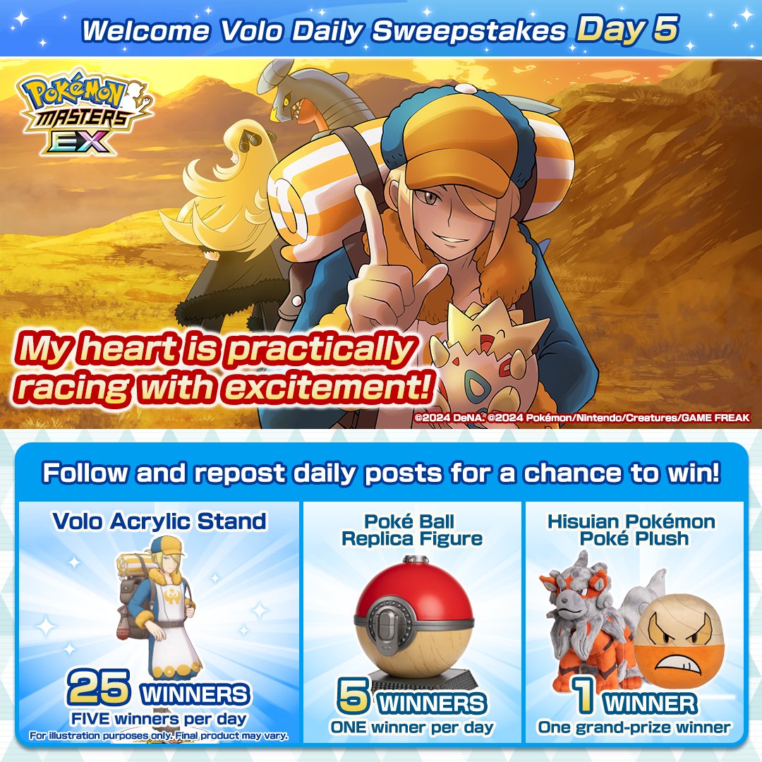 It’s day five of the Welcome Volo Daily Sweepstakes! 🎁 The only way this giveaway could be better is if it included a few fabled plates. 👀 To enter: 1. Follow @PokemonMasters. 2. Repost this post. 3. Repost the announcement quoted below. Giveaway ends TODAY at 7:59 p.m. PDT!