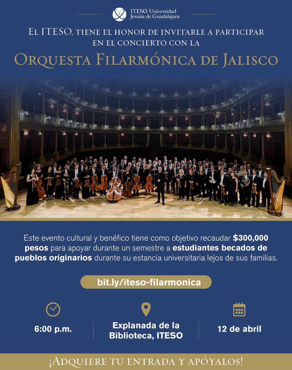 En el #ITESO están matriculados 27 estudiantes de licenciatura y dos de posgrados provenientes de las comunidades indígena y afromexicana. Para apoyarlos se llevará a cabo el concierto de esta noche con la @FilarmonicaJal. 🎼 ite.so/lb1lc 📷 bit.ly/iteso-filarmon…