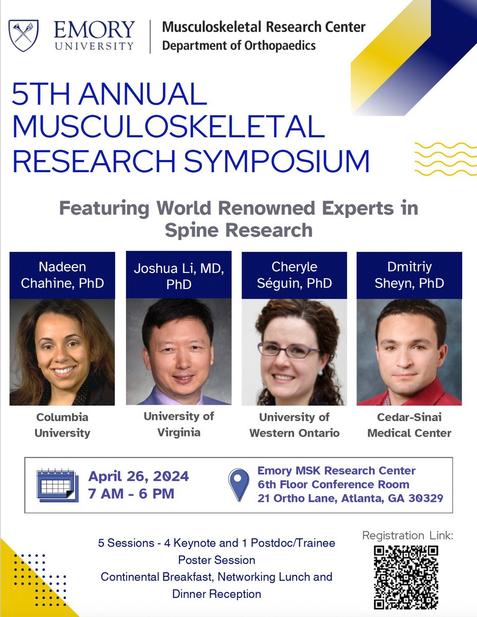 We are excited for our 5th annual MSK Research Symposium on April 26th! This year's focus: Spine Research, featuring talks by <a href="/NadeenChahine/">Nadeen Chahine</a>, <a href="/LabSeguin/">Séguin Lab (Dr. Cheryle Séguin)</a>, <a href="/SheynLab/">Sheyn Lab</a> and Joshua Li, MD, PhD. There is still time to register at: shorturl.at/mnw39