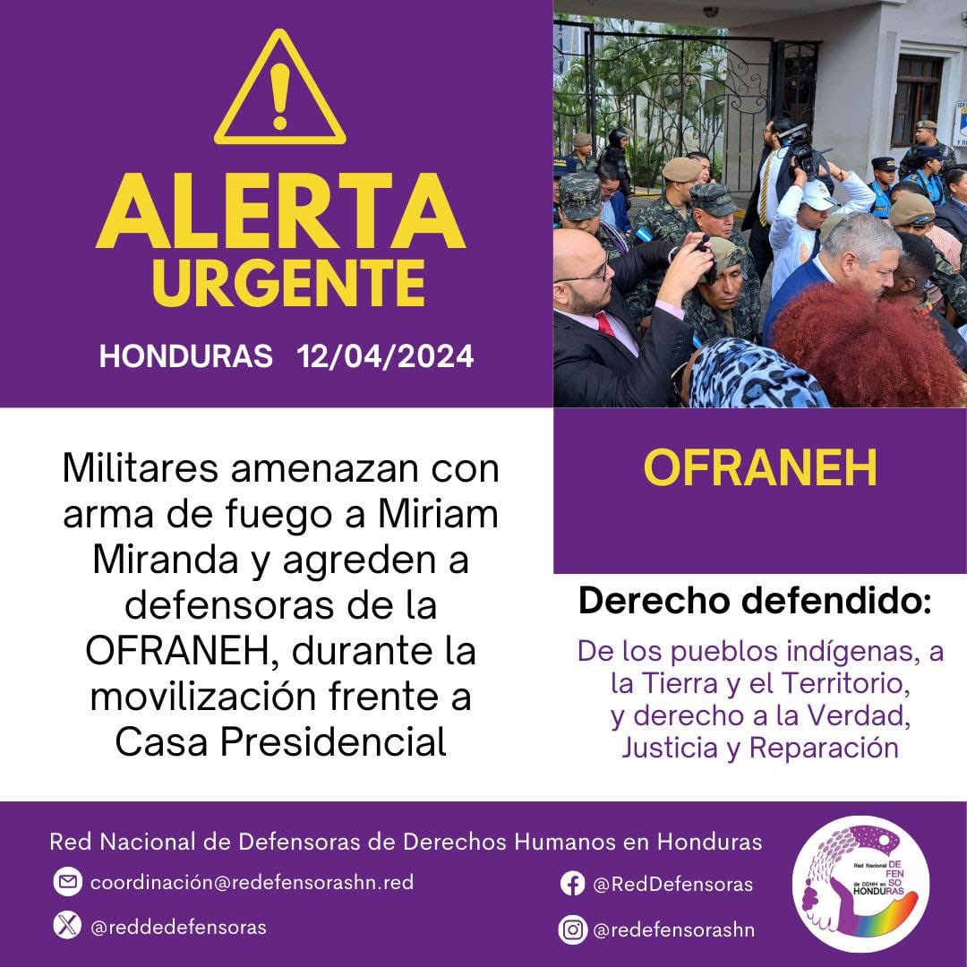 The National Women’s Human Rights Network denounces: “Militaries threaten Miriam Miranda with their weapons and attack OFRANEH defenders during the mobilization in front of the Presidential palace.” Miriam calls it an act of deep racism against the Garifuna people. #Honduras.…