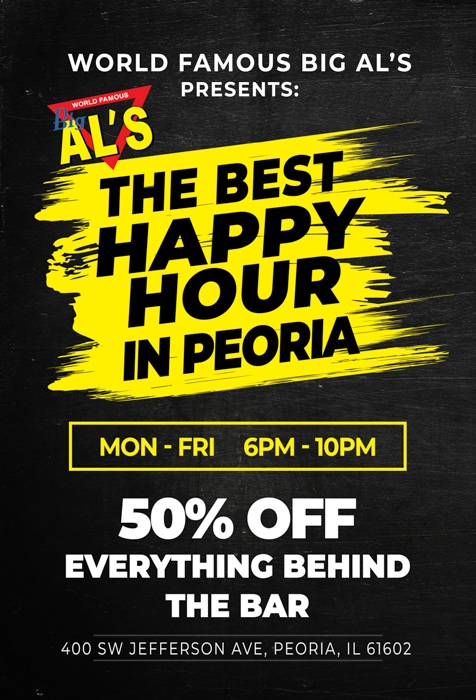 Come get your 🍹on at Big Al's! Our Happy Hour is the 🔥best in Peoria with 50% off all drinks, Monday-Friday. 🤑Grab your friends and join us for a 🍻great time! #HappyHour #BigAls #Peoria 🍹