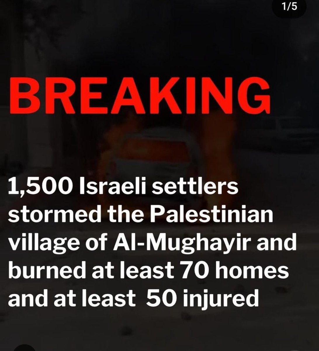 We live in an upside down world. As @GhassanAbuSitt1 is prevented from entering Germany to attend a peaceful conference, 1500 illegal settlers enter the Palestinian village of Al-Mughayr in the Occupied West Bank, burning homes.