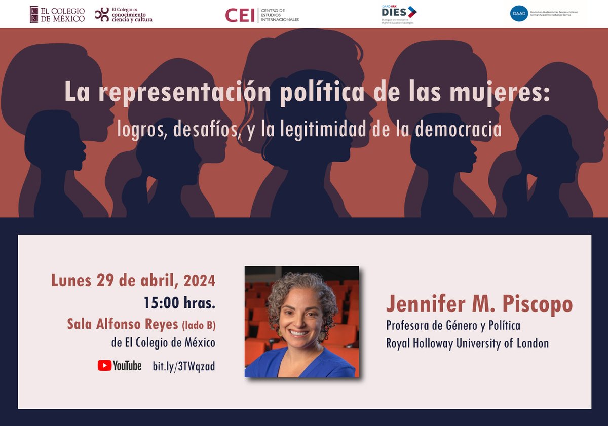 Acompáñanos en la conferencia "La representación política de las mujeres: logros, desafíos, y la legitimidad de la democracia" con @Jennpiscopo de <a href="/RoyalHolloway/">Royal Holloway</a>

📆Lunes 29 de abril | 15:00h
📍Sala Alfonso Reyes <a href="/elcolmex/">El Colegio de México</a>

#EntradaLibre