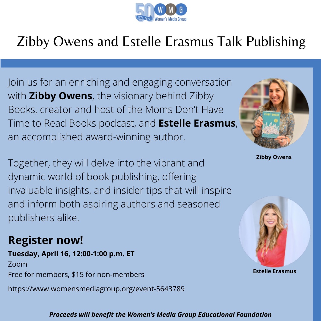 Join us for a chat with @zibbyowens of Zibby Books & @EstelleSErasmus, award-winning author! Get insider insights into publishing, perfect for aspiring authors & seasoned publishers! We are celebrating our 50th anniversary all year with exciting programs! 🎉