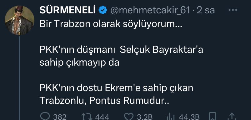 Ooo telaşa bakın hele.. Ekrem İmamoğlu’na oy veren Trabzon’lu ları Pontus Rum olmakla suçlayacak kadar korkmuş bunlar.. “Korkunun ecele faydası yok”derler..:))
