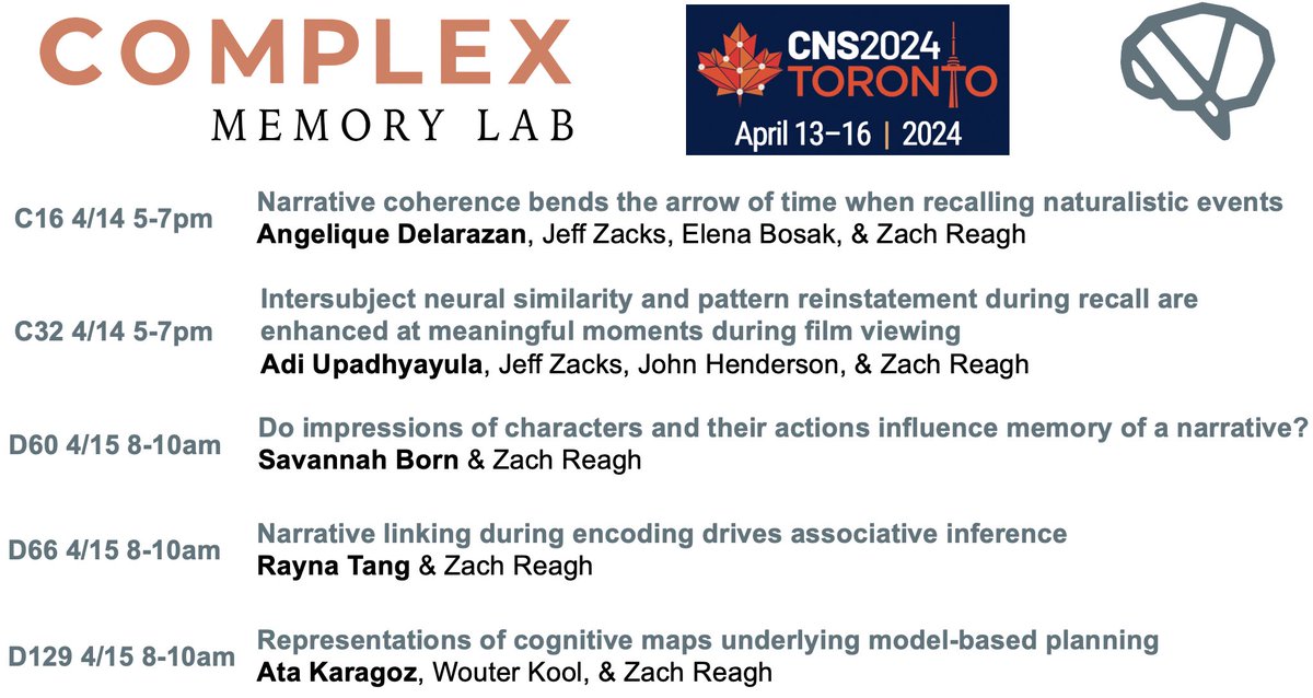 Come check out our lab’s posters at #CNS2024! Featuring work from @aidelarazan, @AdityaUsa, @SavannahBorn2, @Rayna_tang, and @AtaBK Some of this in collaboration with Jeff Zacks, @JhendersonIMB, and @wouterkool