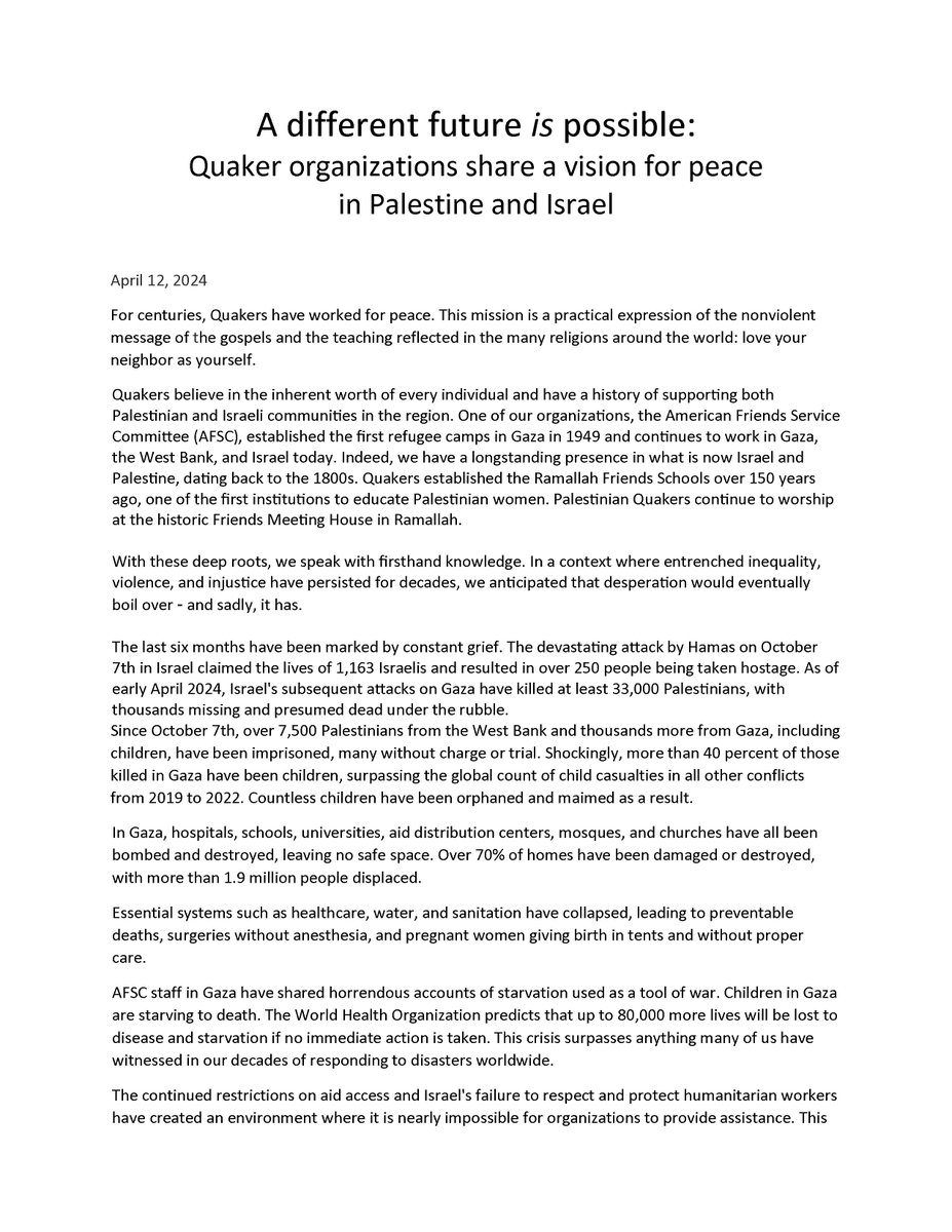 afsc_org's tweet image. We've joined our Quaker partners, @FCNL, @FWCCAmericas @BritishQuakers, Quaker Peace and Social Witness, @QCEA, and @QuakerUNOffice to call for a permanent ceasefire, release of hostages and prisoners, and unrestricted humanitarian access in #Gaza. afsc.org/visionforpeace