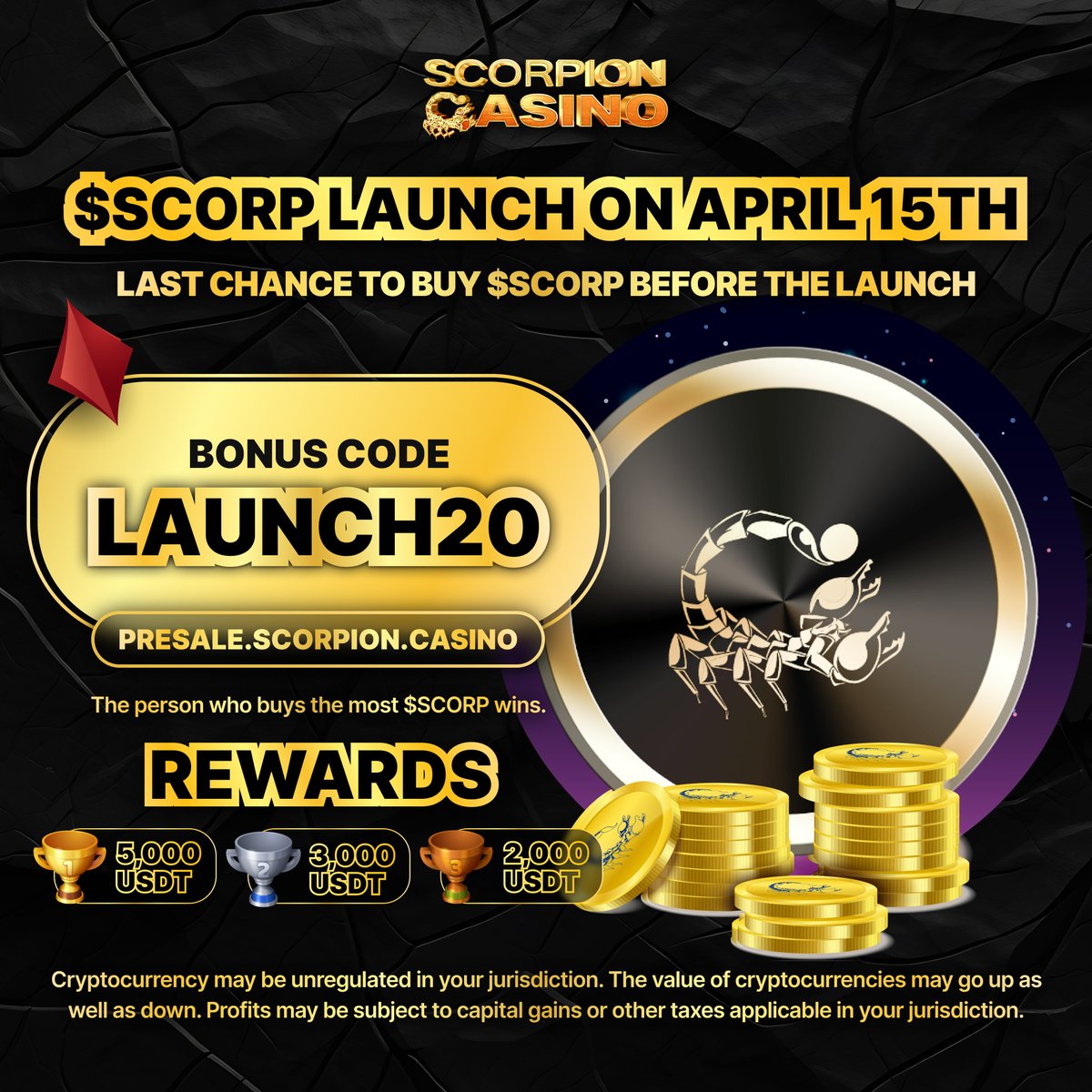 $SCORP LAST CHANCE TO BUY BEFORE THE LAUNCH ON APRIL 15TH! 🏦 Bitmart, XT and Lbank Listing 💰$10M Raised with 22'000+ Holders 🎲 Licensed & Regulated Crypto Casino Don't miss out! presale.scorpion.casino