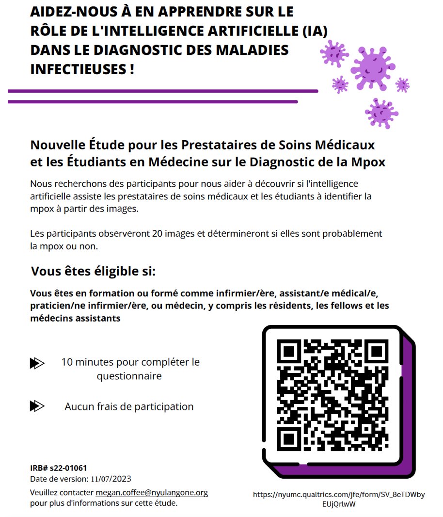 Megan Coffee MD, PhD (@doktecoffee) on Twitter photo Diagnosing mpox with AI - Survey for clinicians now available in French, Spanish, Chinese, and English. If you are a clinician (nurse, doctor, PA, NP, student) please click below or else share with any clinicians: nyumc.qualtrics.com/jfe/form/SV_8e… Diagnosing mpox with AI - Survey for clinicians now available in French, Spanish, Chinese, and English. If you are a clinician (nurse, doctor, PA, NP, student) please click below or else share with any clinicians: nyumc.qualtrics.com/jfe/form/SV_8e…