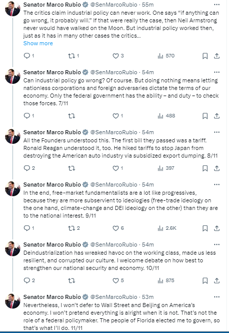 If I were to uno-reverse card Rubio's weird 'free market people are like DEI' thing, Rubio suggesting industrial policy as a way to deal with a plethora of economic and non-economic issues is a lot like Biden admin Everything Bagel-ism!