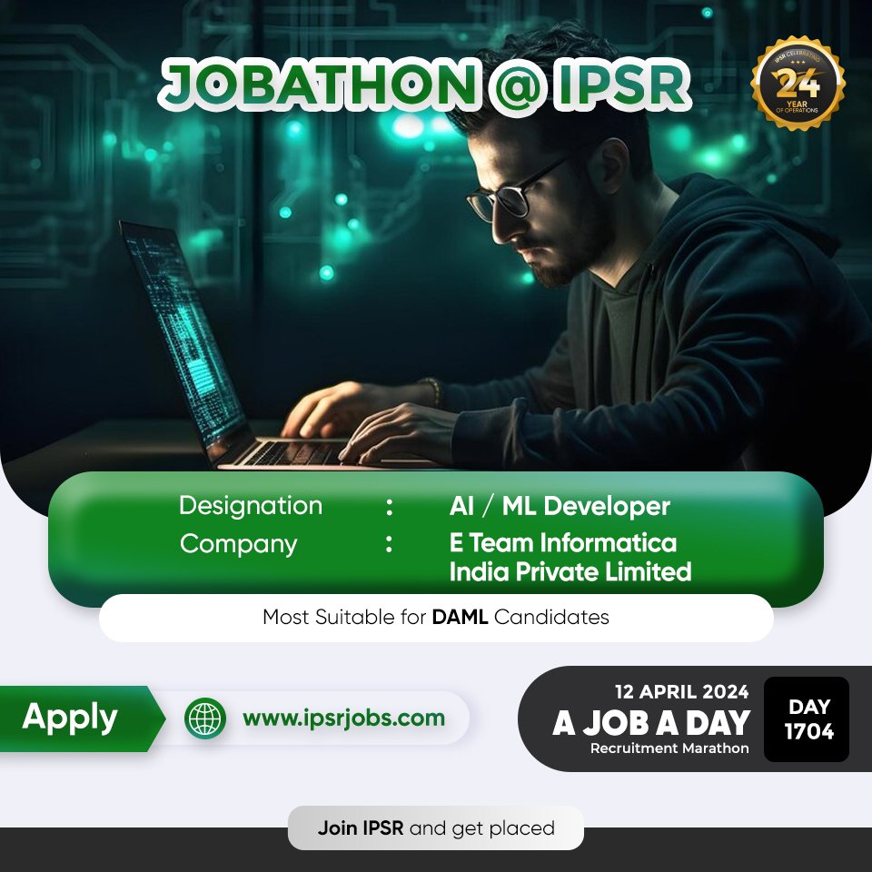 #JOBATHON Recruitment Marathon by ipsr solutions ltd Day 1704 Follow us @ipsr_solutions_ltd #ipsr #24yearsofipsr #careeropportunity #ltjobs #MNCJobs #techcelerating_careers #softwaredeveloper #softwarejobs