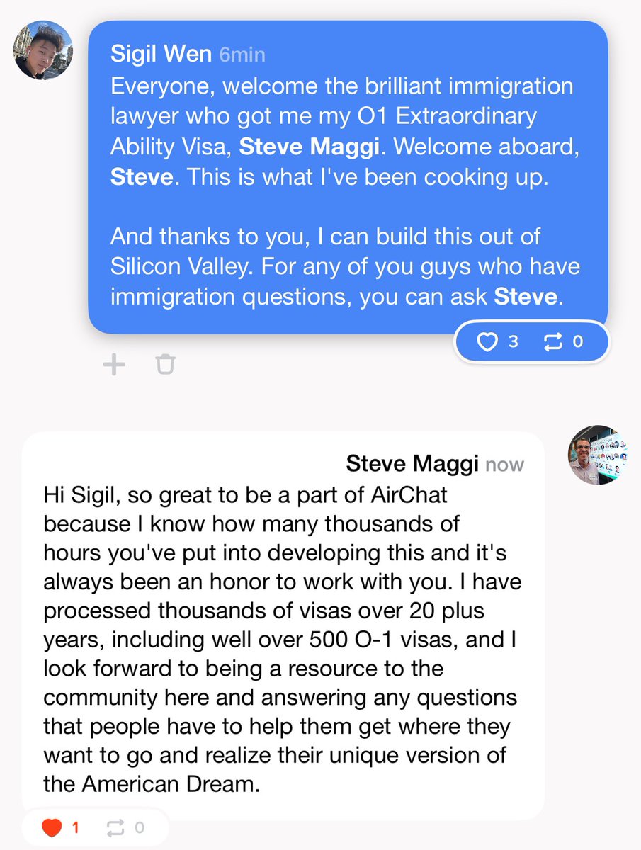 The immigration lawyer @SteveMaggilaw who got me my @O1Visa is on @getairchat!

If you have any O1 Visa/ US Immigration questions he will answer them!