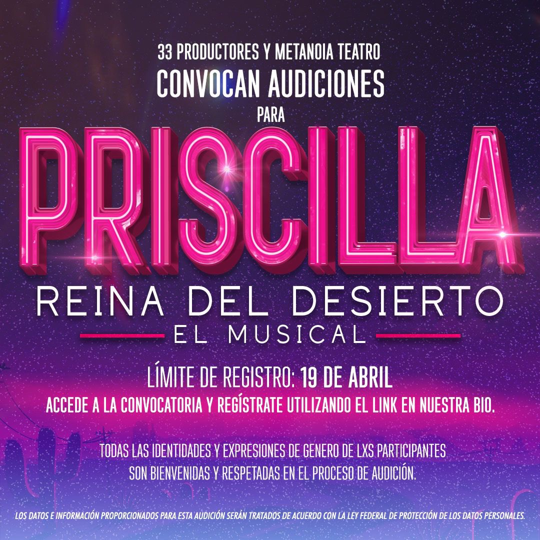 33 Productores y Metanoia teatro convocan a audiciones para el musical “PRISCILLA, reina del desierto”   

Lxs interesadxs deberán registrarse en el siguiente link bit.ly/3PSWxTG 

¡Mucho éxito!