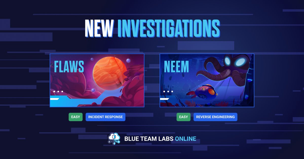 What time is it, defenders? New lab time, that's what! 🌑 Flaws: Easy, incident response 🐙 Neem: Easy, reverse engineering Log in or sign up to BTLO today to play: blueteamlabs.online #BTLO #BlueTeamLabs #IncidentResponse #ReverseEngineering #BlueTeamers #Cybersecurity
