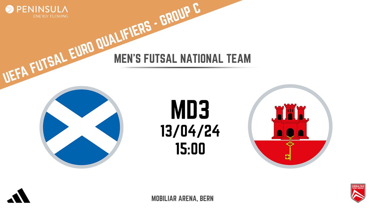It's Matchday 3 in Group C of UEFA's Futsal Euro Preliminary Round Qualifiers ⚽ Today at 15:00 your 🇬🇮 Men's Futsal National Team take on Scotland 🏴󠁧󠁢󠁳󠁣󠁴󠁿 at the Mobiliar Arena in Bern‼️