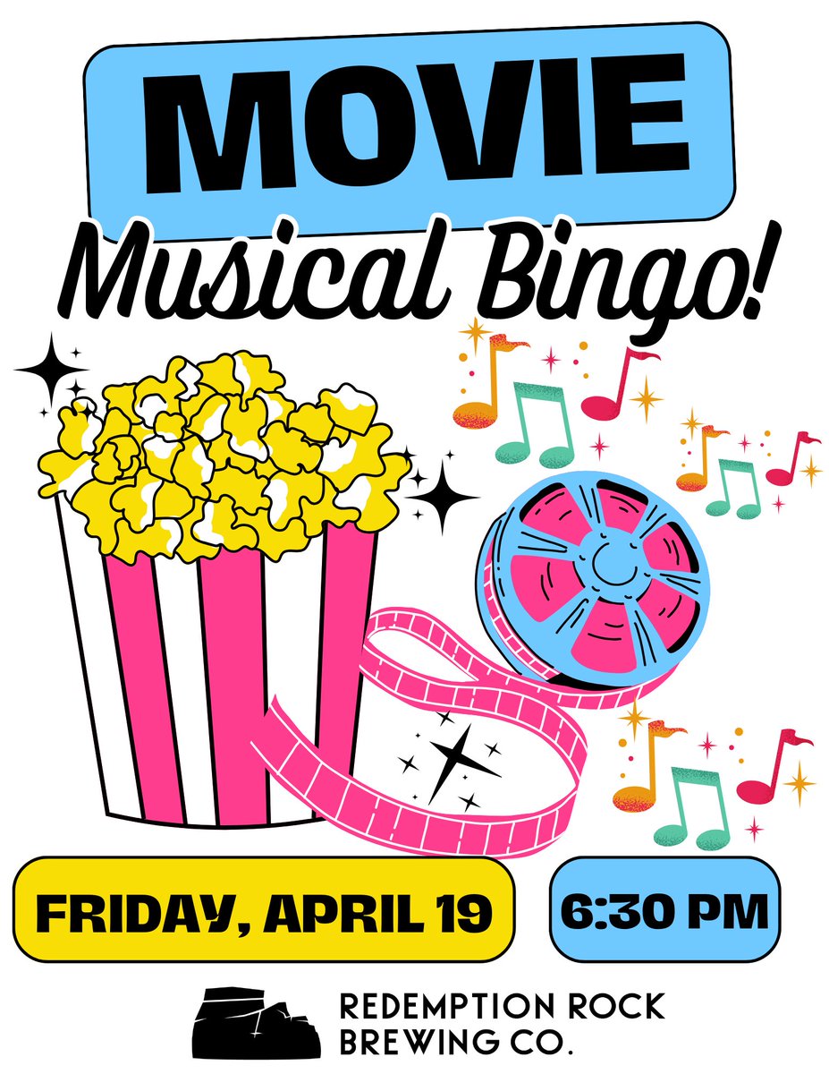 We're so excited for our next Musical Bingo: Movie Musical Bingo! 🎶🎞 Come test your knowledge of movie scores and soundtracks for a chance to win gift cards! Join us on Friday, April 19 at 6:30 pm!