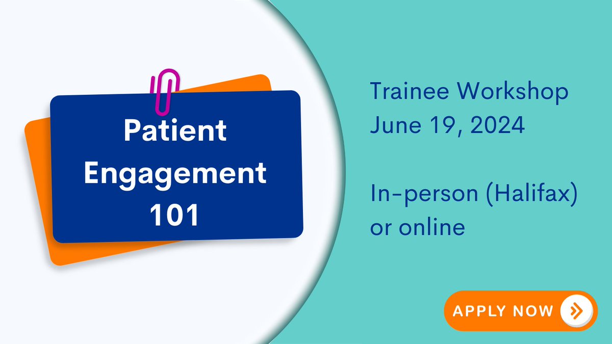Calling all research trainees looking to learn more about patient engagement in health research! We are happy to announce the Patient Engagement 101 Workshop taking place on June 19, 2024, from 1-3 pm AT in Halifax, NS or online. @CIHR_IMHA cihr-irsc.gc.ca/e/27297.html#a5.