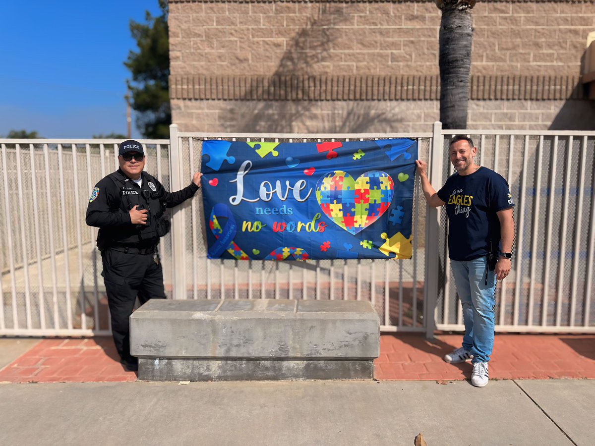 Officer Navarro and Principal Downey showing their support for Autism Awareness Month on this Fantastic Friday! 💙