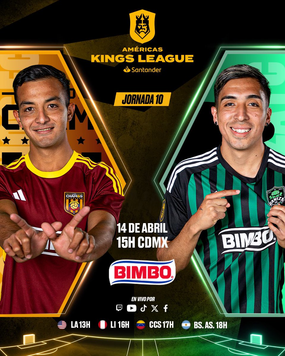 🇻🇪 @LosChamosFC 🆚 @RanizaFc 🐸

📆 Domingo 14 de abril a las 15h 🇲🇽

#KingsLeagueSantander