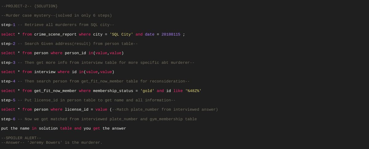 learnerakash28's tweet image. Solved 'MURDER MYSTERY CASE' which is very viral project of SQL.
only in 6 STEPS. 
Sharing my solution I hope it will help you.
lnkd.in/gddG4ckR
#sqlserverdeveloper #CodingJourney #DataAnalytics #SQL #database #jobsearch #sql