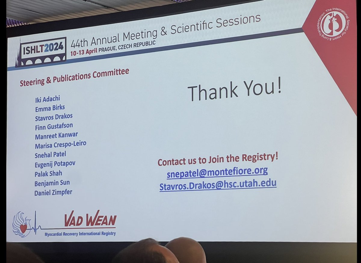 @tonkhueMdPhd presenting the first study of sex specific outcomes after VAD-mediated myocardial recovery! Results from the VAD WEAN International Registry: if your center is interested to join please contact any of the steering committee members listed in the attached picture.