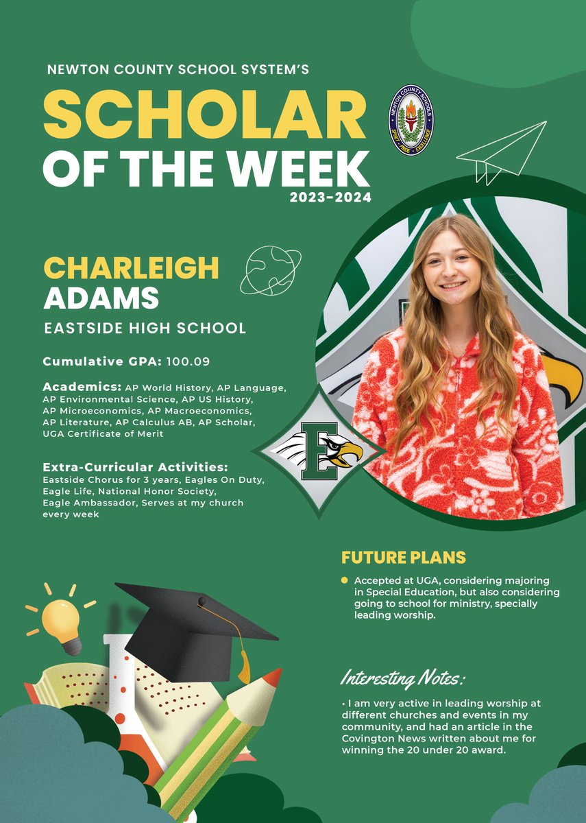 Congratulations to @EHS_Eagles senior, Charleigh Adams, one of this week's NCSS Scholars of the Week! #SpiritPrideExcellence