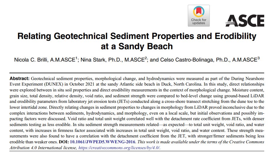 Paper alert (OA): Super excited to publish some of our #DUNEX work related to geotechnical properties of beach sediments and their erodibility led by Dr. Nick Brilli: doi.org/10.1061/JWPED5…
