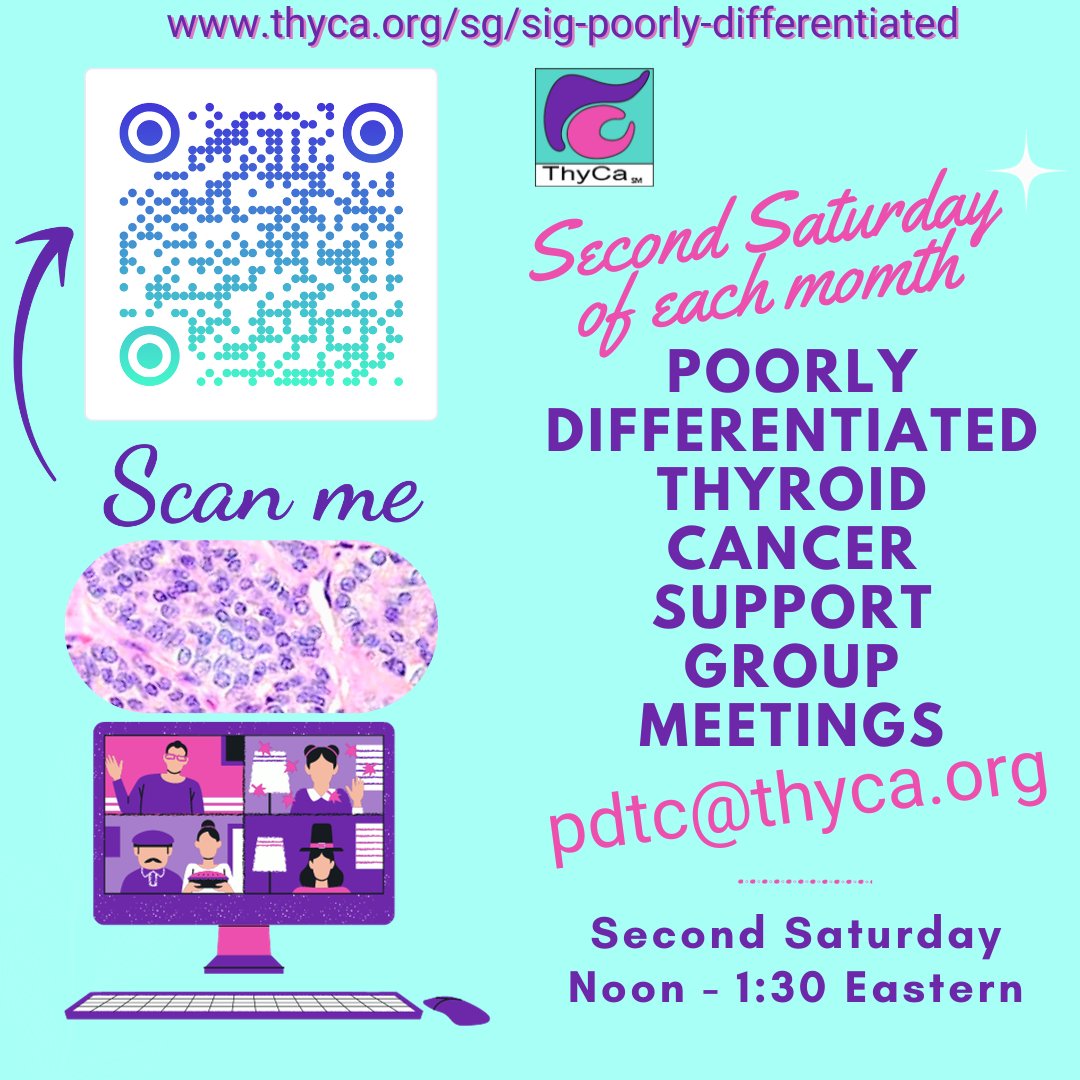 Tomorrow is the monthly virtual support group meeting that discusses topics of interest for people who have been diagnosed with poorly differentiated thyroid cancer. The meeting starts at Noon Eastern. To join, write to pdtc@thyca.org or visit thyca.org/sg/sig-poorly-…⁠ #ThyCa
