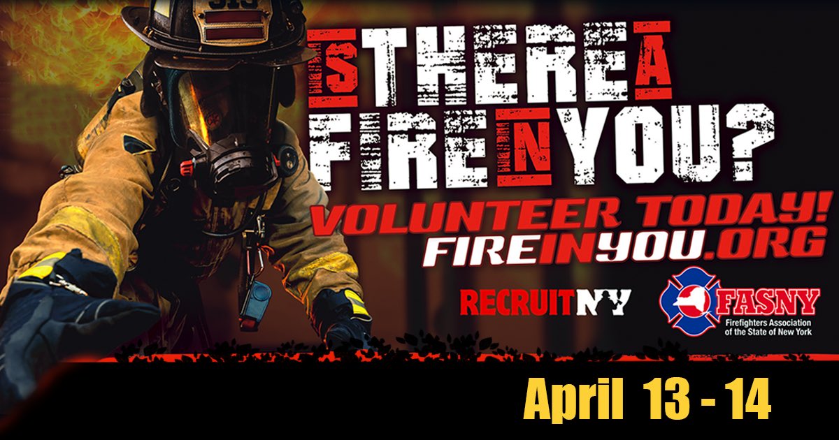 Volunteer firefighters are a critical part of emergency services teams across New York State. Recruit NY weekend, April 13 and 14, is a great way to connect new and potential members to opportunities that help protect and serve our communities. More info: recruitny.org.