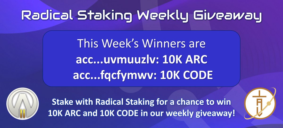 This week's giveaway winners are:

🏆 acc..uvmuuzlv: 10K ARC
🏆 acc..fqcfymwv: 10K CODE

Congratulations and thank you for supporting <a href="/arcanelabyrinth/">Arcane Labyrinth</a>, <a href="/ProjElysium/">Project Elysium</a> and <a href="/RadicalStaking/">radical.xrd | RadicalStaking.com</a>!

Missed this week's giveaway? Find out how to enter at bit.ly/3MkwmDR  

#Radix $XRD