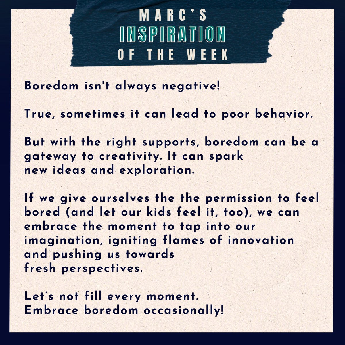 #Inspirationoftheweek Ever thought, 'I'm bored' might just be the beginning of your next big idea? It's in those quiet moments of nothingness that our minds are free to wander, explore, and dream up new ideas. This week, I challenge you to shift your perspective. Instead of